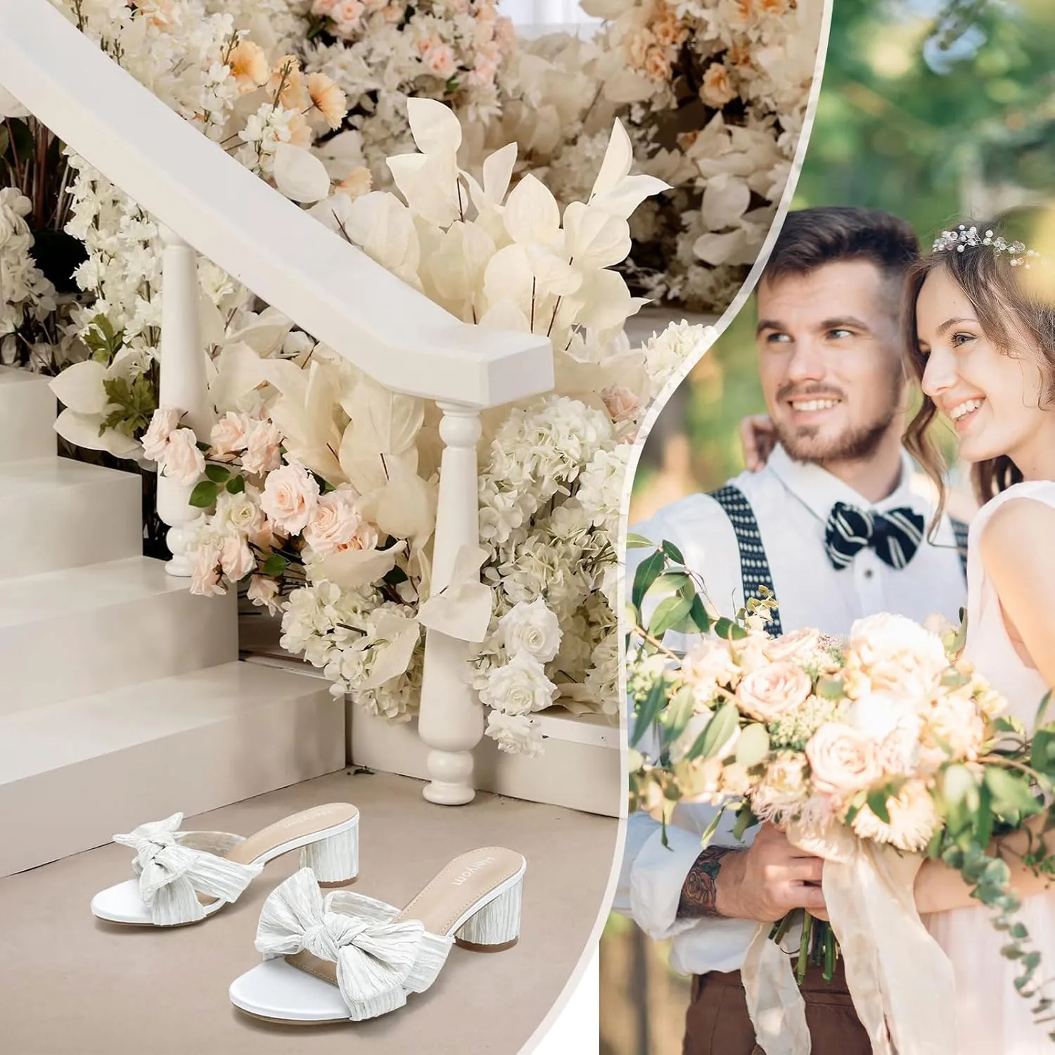 Heels Wedding Bridal Party Dress Shoes Heiyom Women's Bowknot Low Chunky flicker Heels Mules Sandals Slip on Pleated Bow 