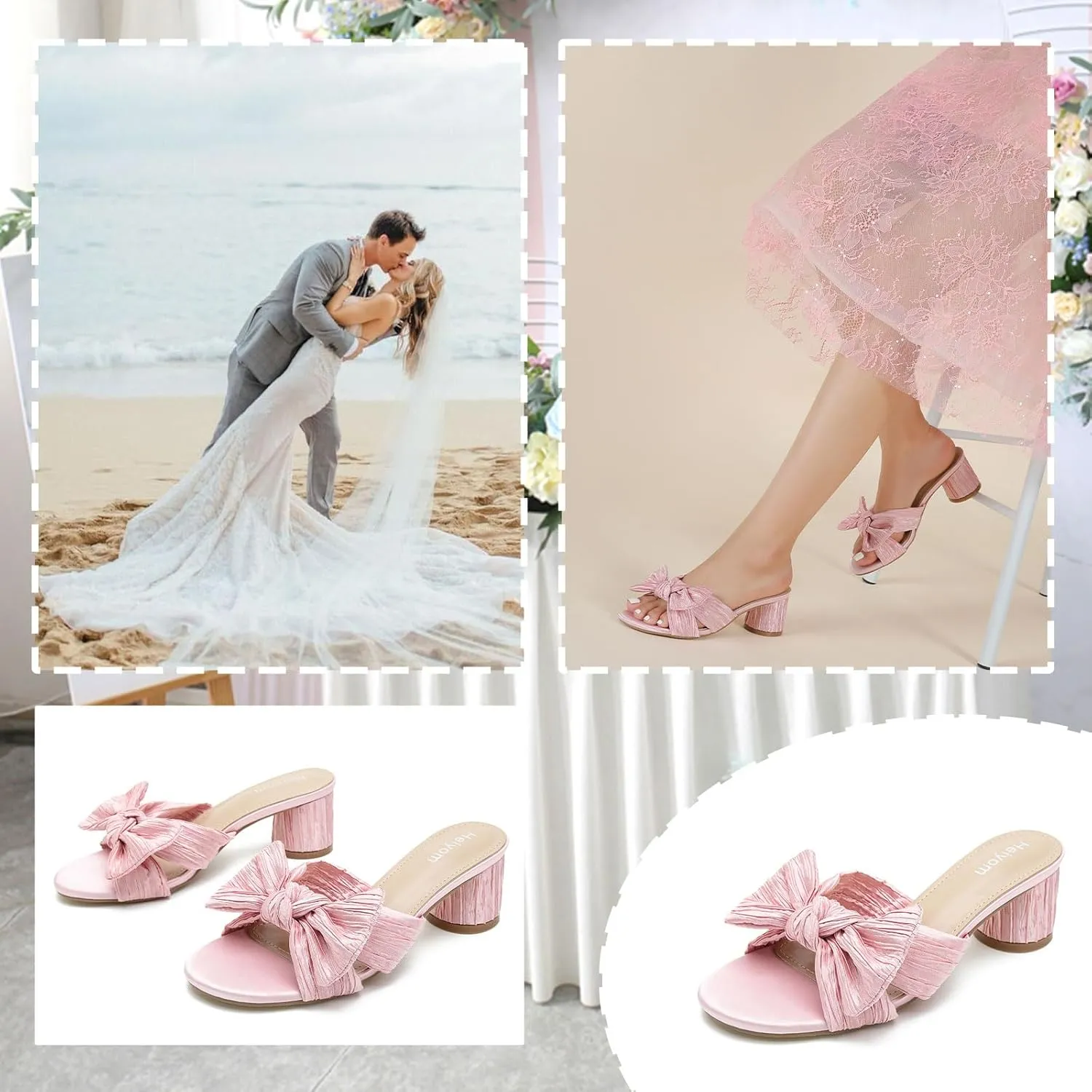 Heels Wedding Bridal Party Dress Shoes Heiyom Women's Bowknot Low Chunky flicker Heels Mules Sandals Slip on Pleated Bow 