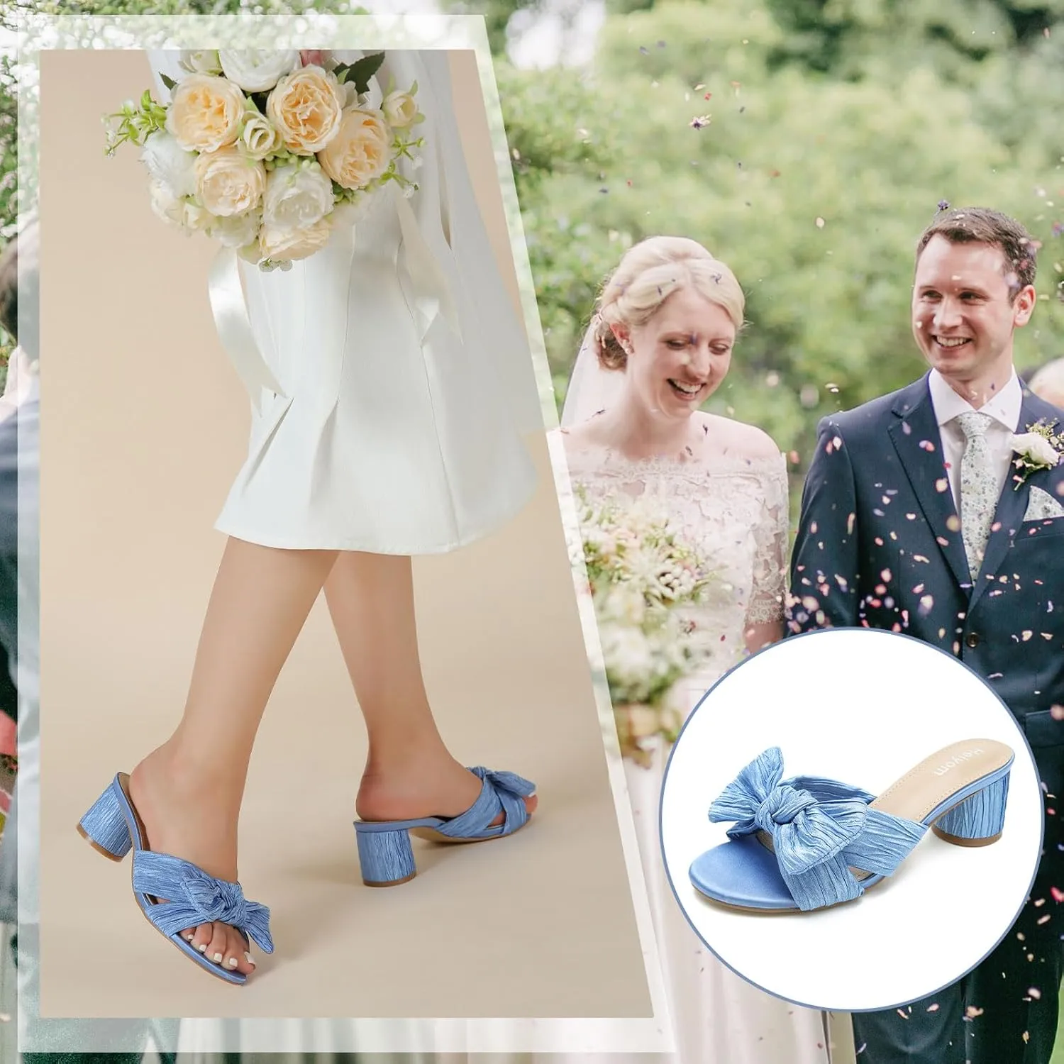 Heels Wedding Bridal Party Dress Shoes Heiyom Women's Bowknot Low Chunky flicker Heels Mules Sandals Slip on Pleated Bow 