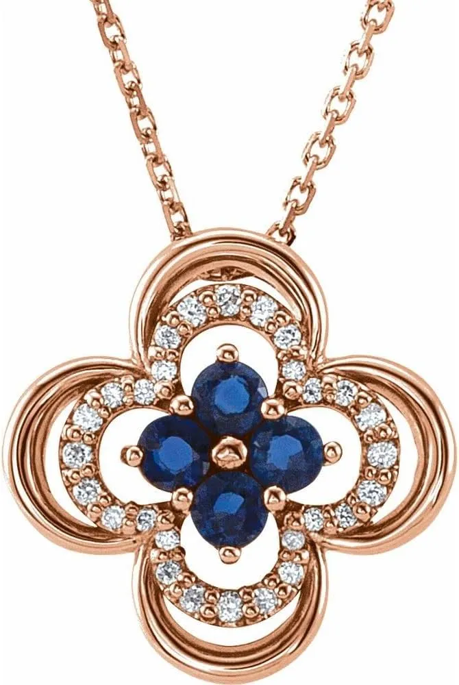 Her (12.5x12.5mm, G-H, I1), 18 14k Rose Gold Round Shape Lab-Grown Blue Sapphire and 1/10 cttw Diamond Clover avenge convene luck Necklace Fine Jewelry for Women Gifts for 