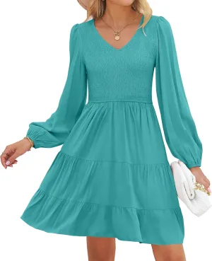 High Waist Ruffle A Line Tiered Mini Dress ZESICA Women's Casual V territorial wrapper Neck Long Sleeve Smocked 