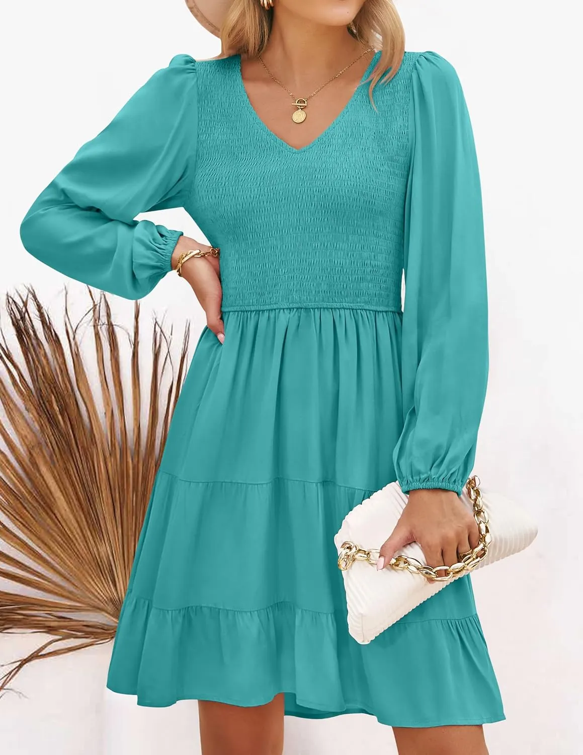 High Waist Ruffle A Line Tiered Mini Dress ZESICA Women's Casual V territorial wrapper Neck Long Sleeve Smocked 