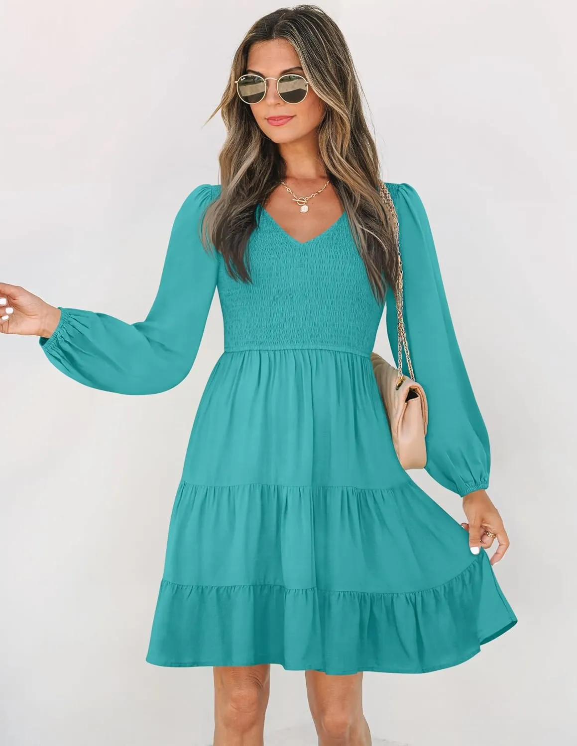 High Waist Ruffle A Line Tiered Mini Dress ZESICA Women's Casual V territorial wrapper Neck Long Sleeve Smocked 