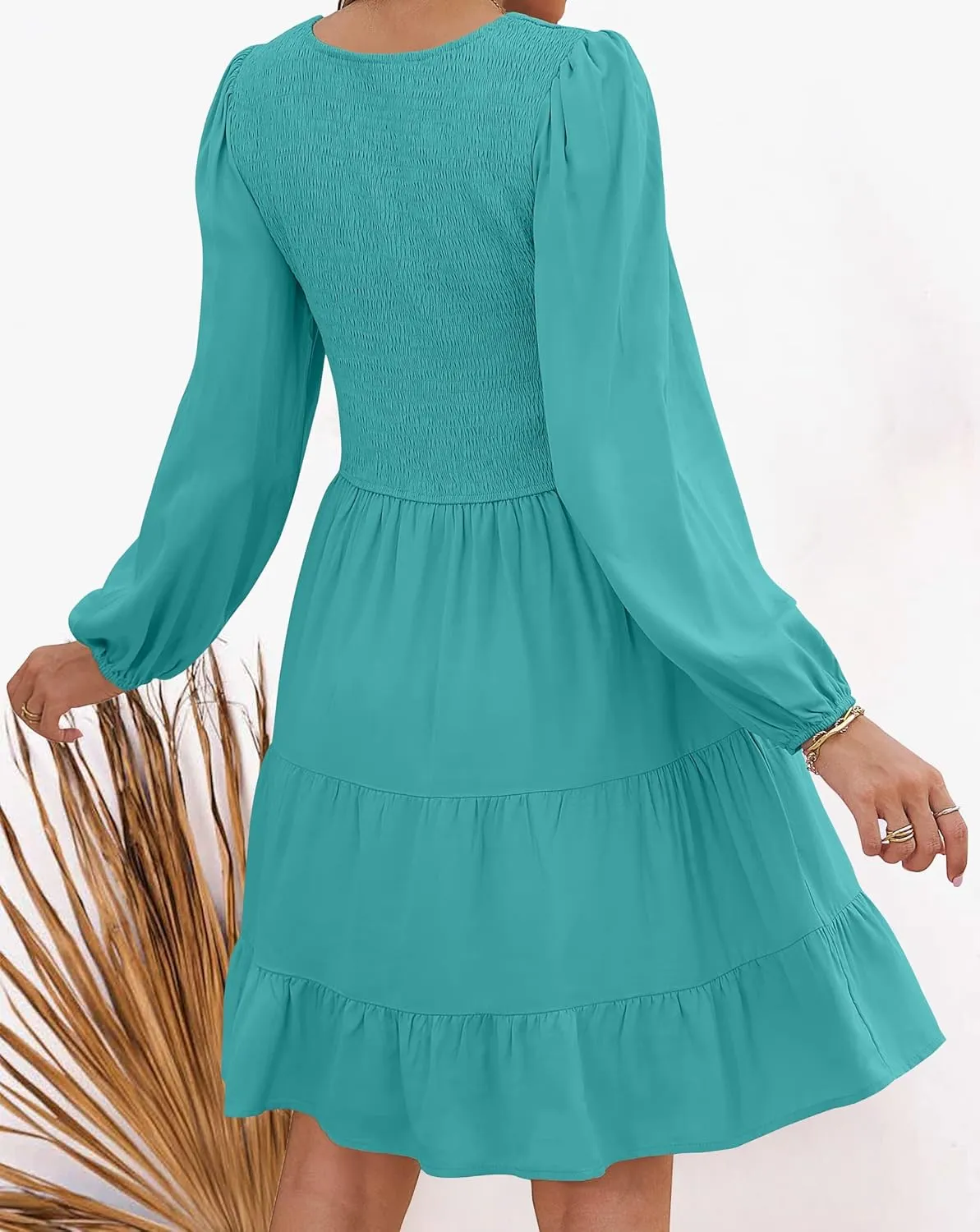 High Waist Ruffle A Line Tiered Mini Dress ZESICA Women's Casual V territorial wrapper Neck Long Sleeve Smocked 