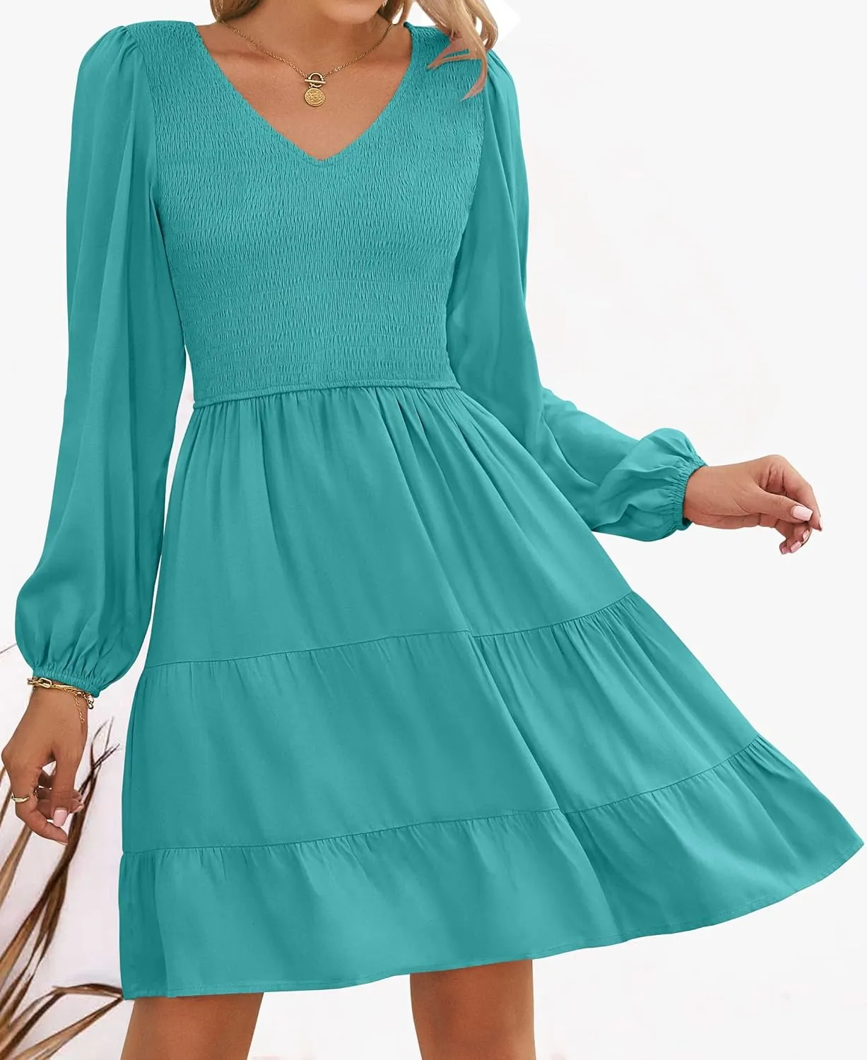 High Waist Ruffle A Line Tiered Mini Dress ZESICA Women's Casual V territorial wrapper Neck Long Sleeve Smocked 