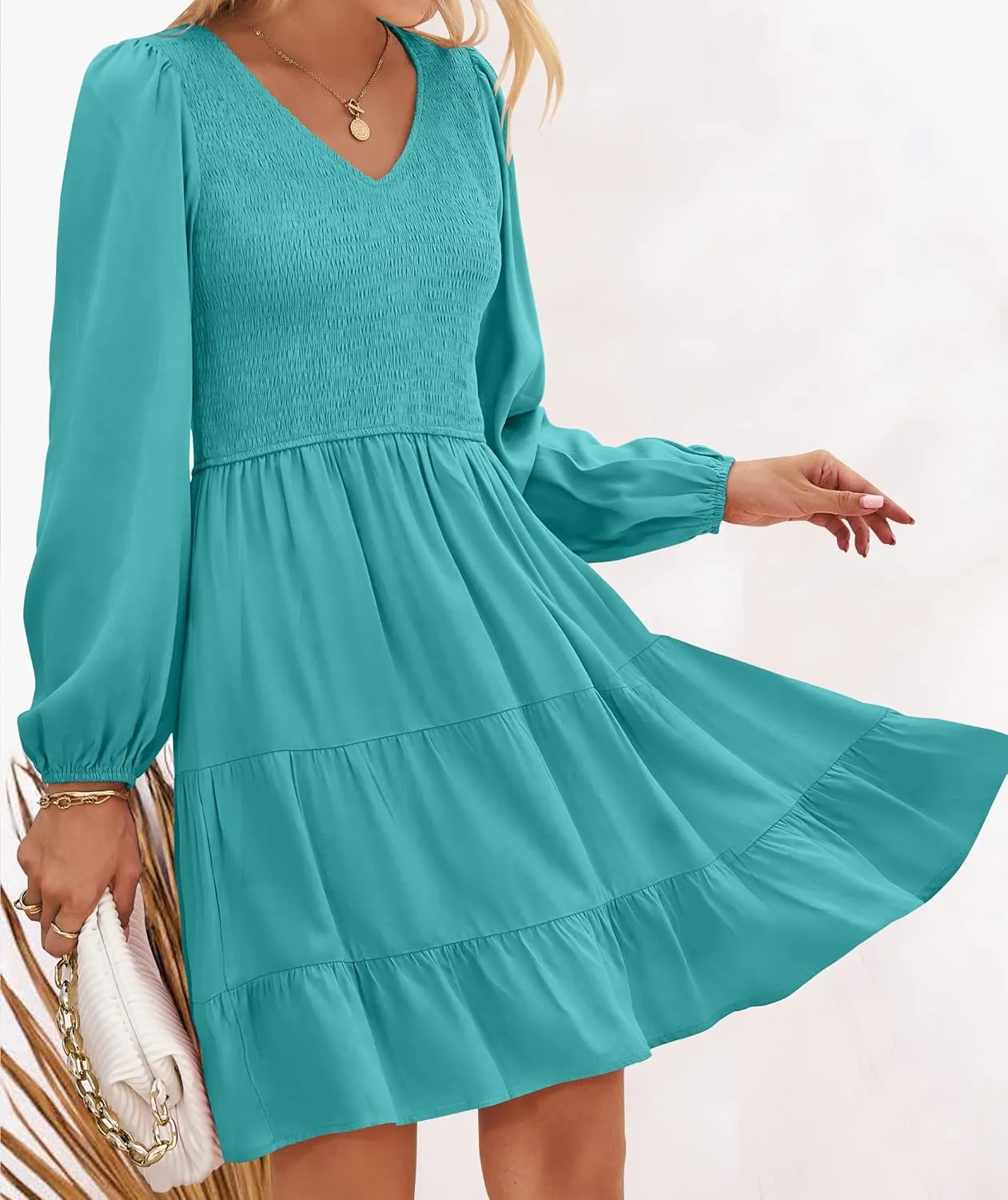High Waist Ruffle A Line Tiered Mini Dress ZESICA Women's Casual V territorial wrapper Neck Long Sleeve Smocked 