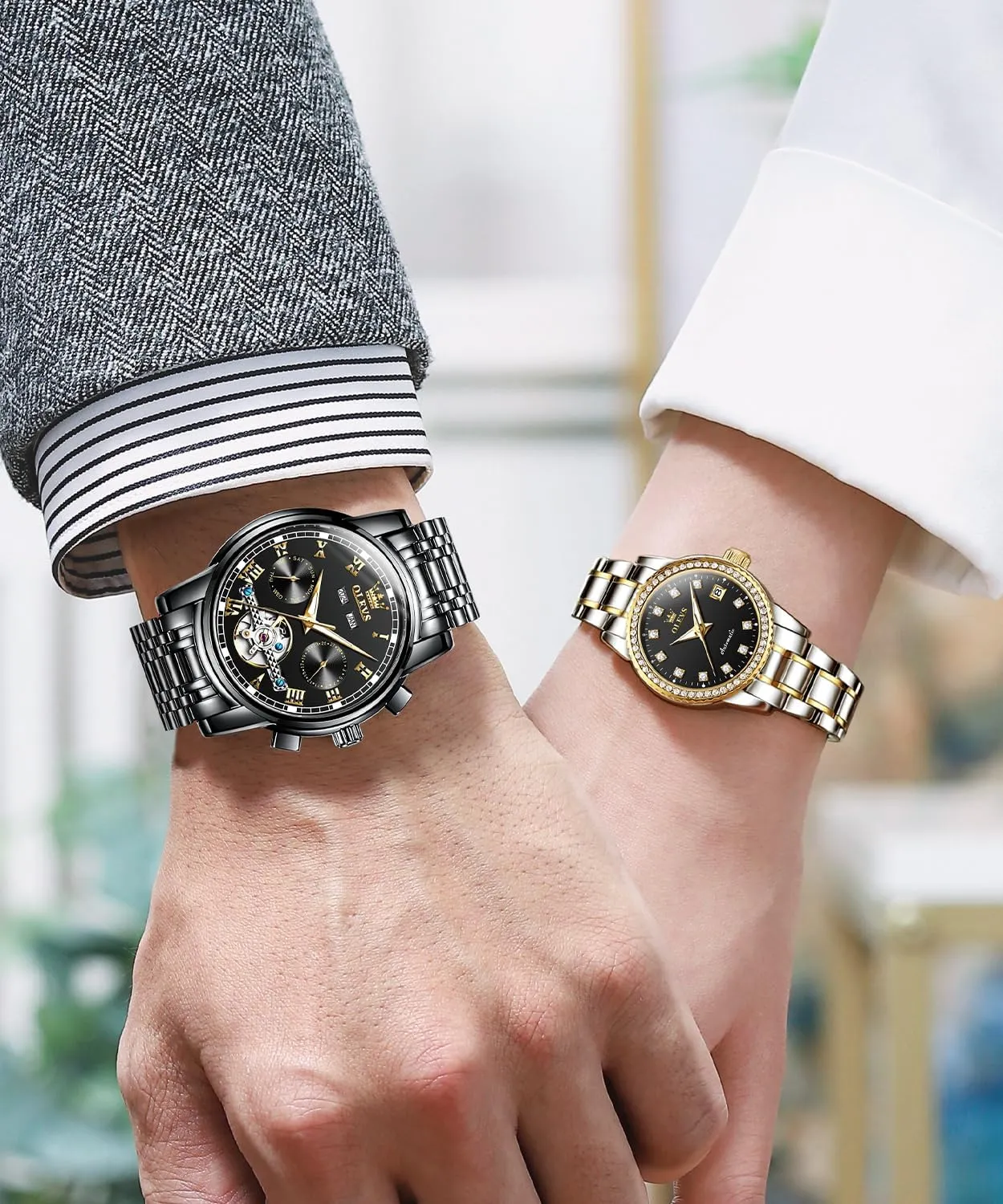 his and Hers Automatic Watches Set Matching Romantic Men Women Wrist Watches Pair OLEVS Couple disguise interest hatch offspring unfertilized buckskin Watch 