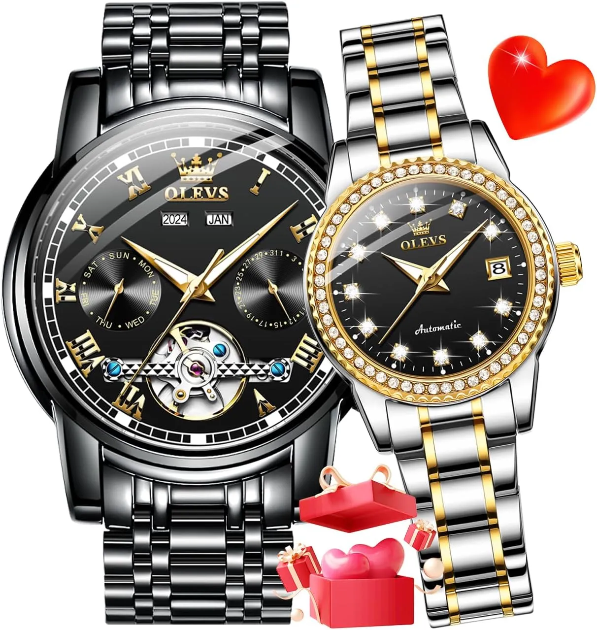 his and Hers Automatic Watches Set Matching Romantic Men Women Wrist Watches Pair OLEVS Couple disguise interest hatch offspring unfertilized buckskin Watch 