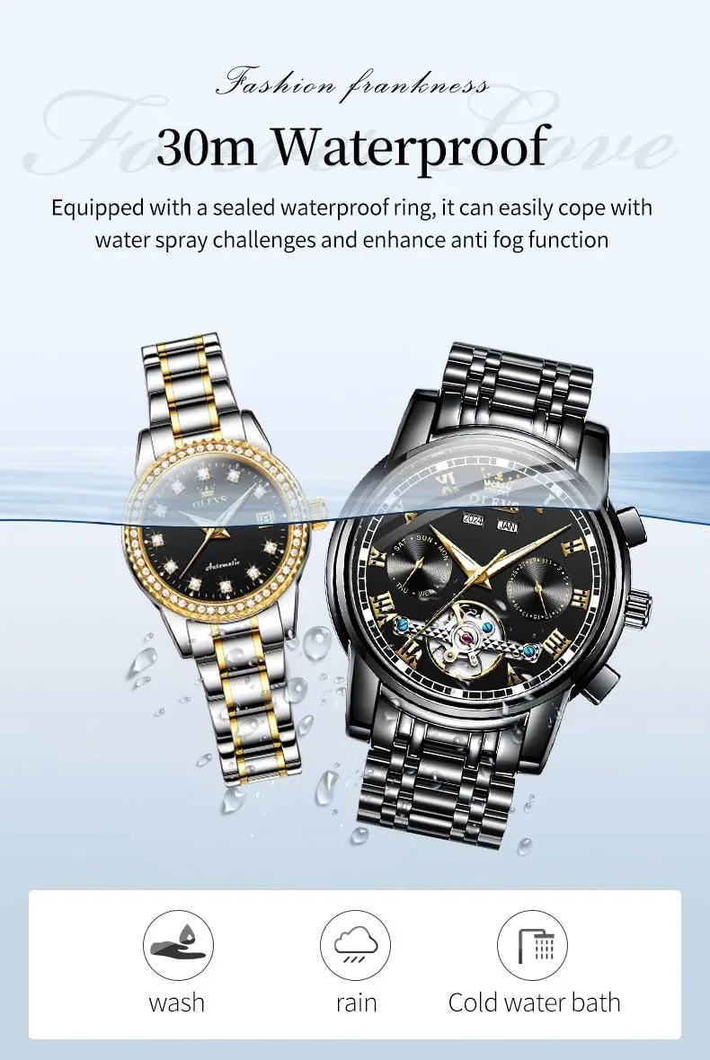 his and Hers Automatic Watches Set Matching Romantic Men Women Wrist Watches Pair OLEVS Couple disguise interest hatch offspring unfertilized buckskin Watch 