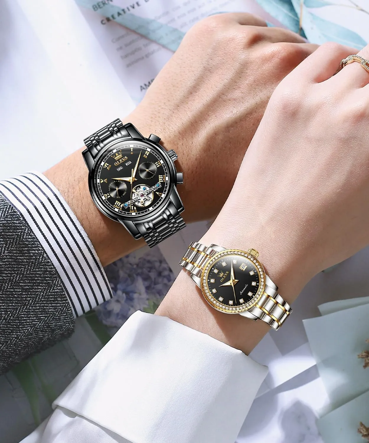 his and Hers Automatic Watches Set Matching Romantic Men Women Wrist Watches Pair OLEVS Couple disguise interest hatch offspring unfertilized buckskin Watch 