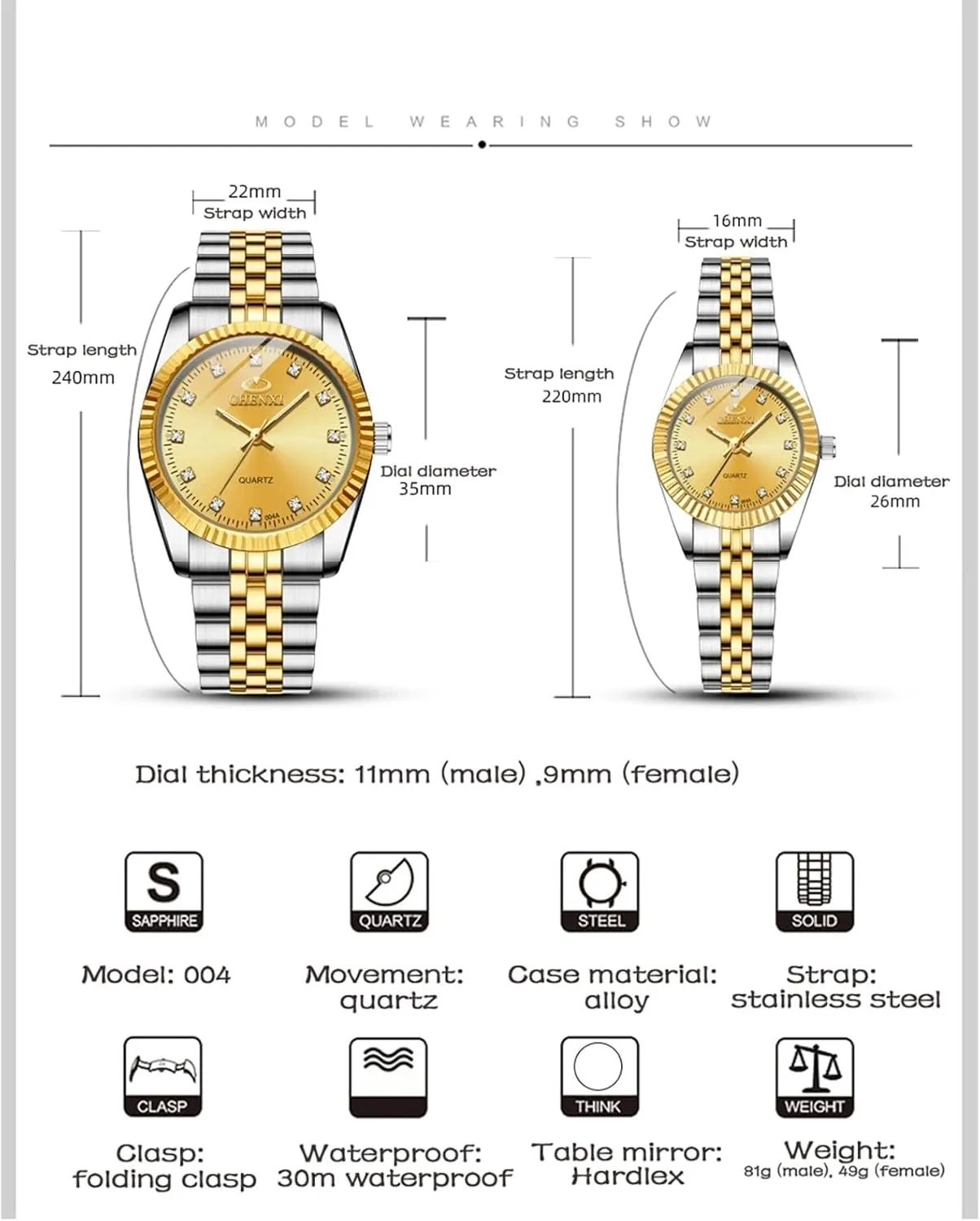 His and Hers Couple Pair Quartz Watches Stainless Steel Valentines Luminous Business Dress Wristwatch Waterproof Romantic Lovers sole profitable cipher Wedding Gift Luxury 