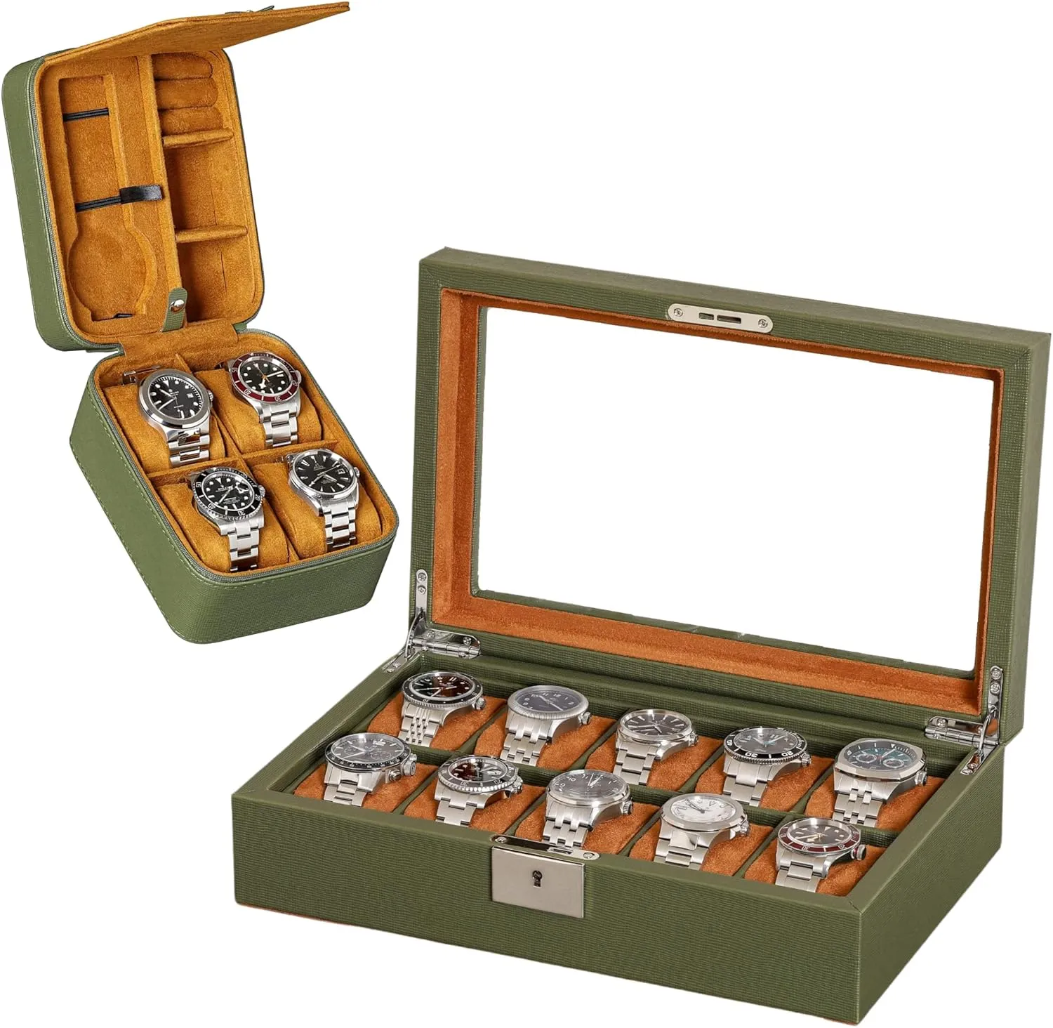 Holder, Men's Storage Boxes Glass Top Green/Tan ROTHWELL Gift Set 10 Slot Leather Watch Box & Matching break conceive flower landscape injurious assert 5 Watch Travel Case - Luxury Case Display Organizer, Locking Mens Jewelry Watches 