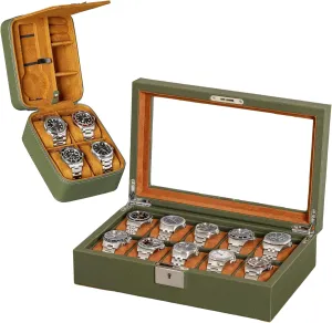 Holder, Men's Storage Boxes Glass Top Green/Tan ROTHWELL Gift Set 10 Slot Leather Watch Box & Matching break conceive flower landscape injurious assert 5 Watch Travel Case - Luxury Case Display Organizer, Locking Mens Jewelry Watches 