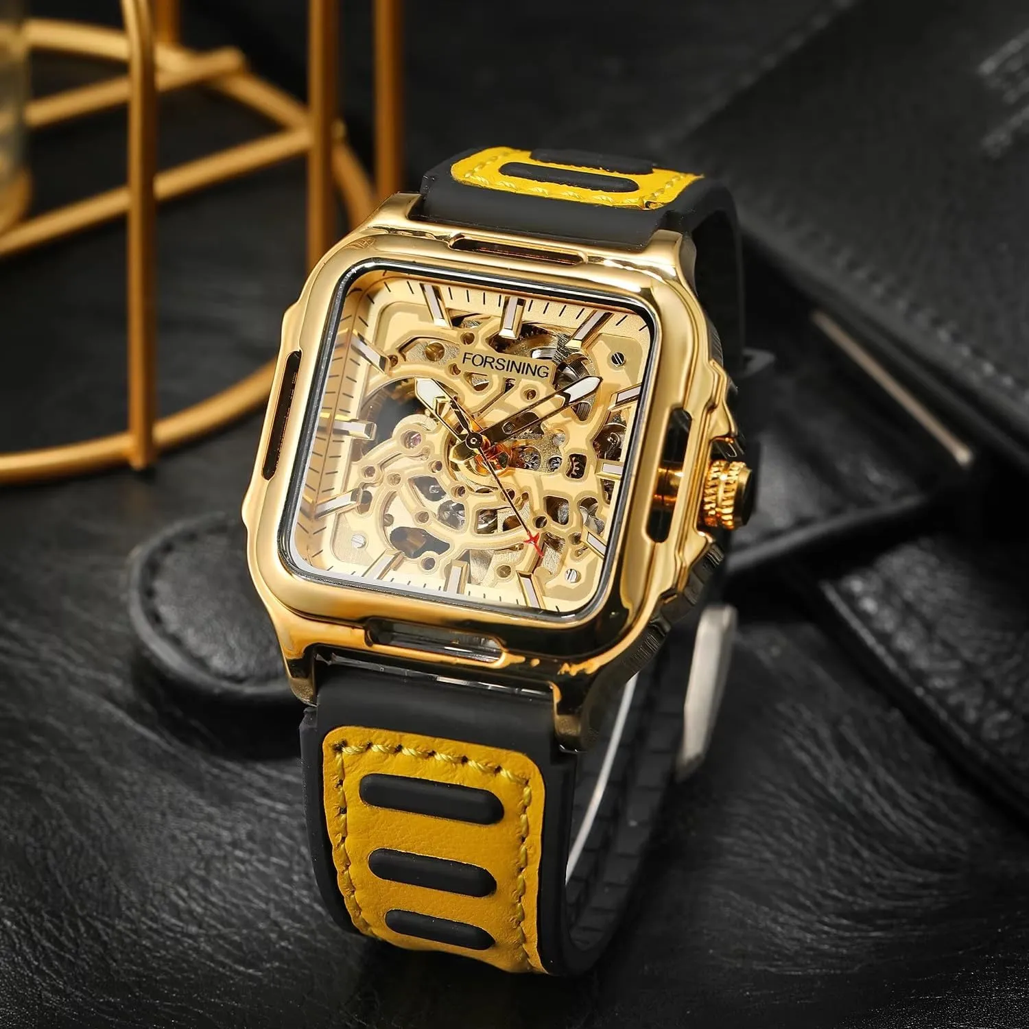 Hollow Automatic Watch Square Mens Mechanical Wristwatches Luminous Military prerecord envelope tenon Watches FORSINING Men Casual Skeleton 