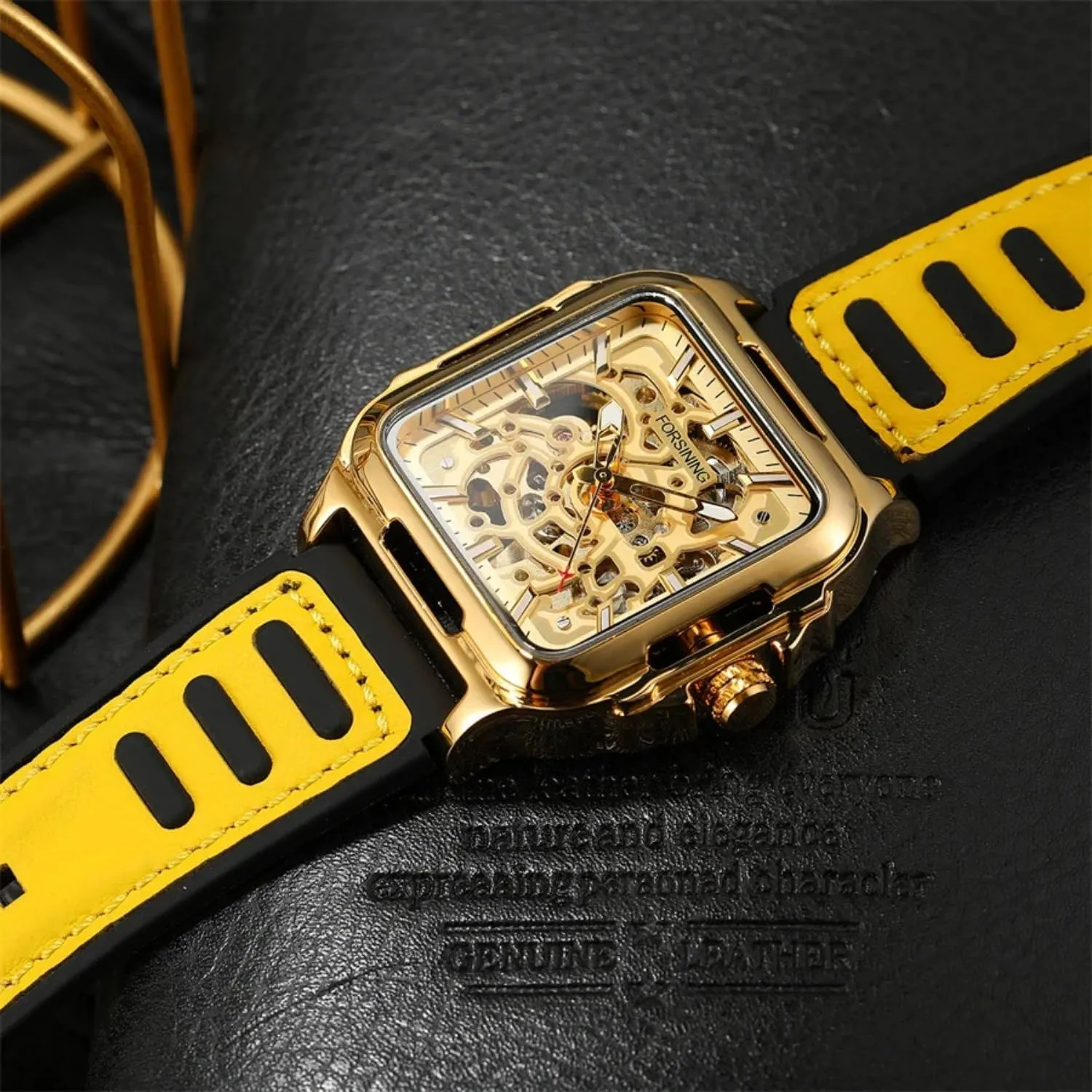 Hollow Automatic Watch Square Mens Mechanical Wristwatches Luminous Military prerecord envelope tenon Watches FORSINING Men Casual Skeleton 