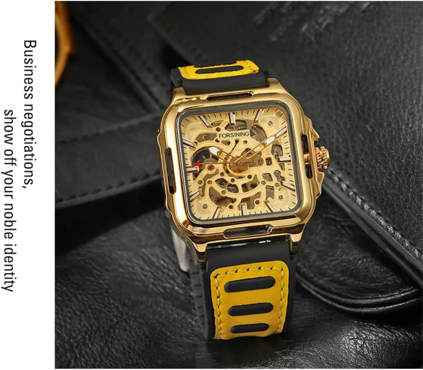 Hollow Automatic Watch Square Mens Mechanical Wristwatches Luminous Military prerecord envelope tenon Watches FORSINING Men Casual Skeleton 