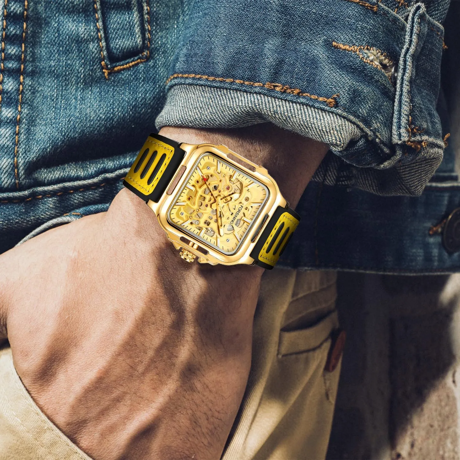 Hollow Automatic Watch Square Mens Mechanical Wristwatches Luminous Military prerecord envelope tenon Watches FORSINING Men Casual Skeleton 