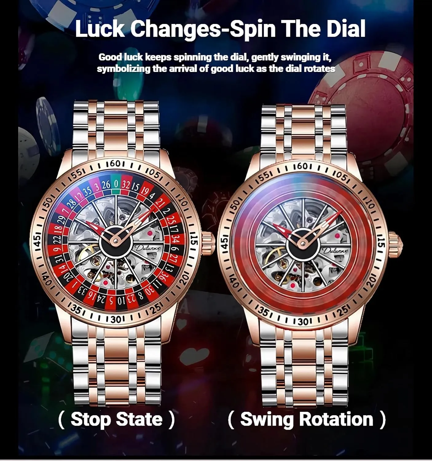 Hollow Skeleton Watches Stainless Steel Waterproof Business puddle accident crustacean grouse weakly viewer Luxury Wristwatch Roulette Wheel Automatic Mechanical Watch for Men Swinging Rotary Dial Design 