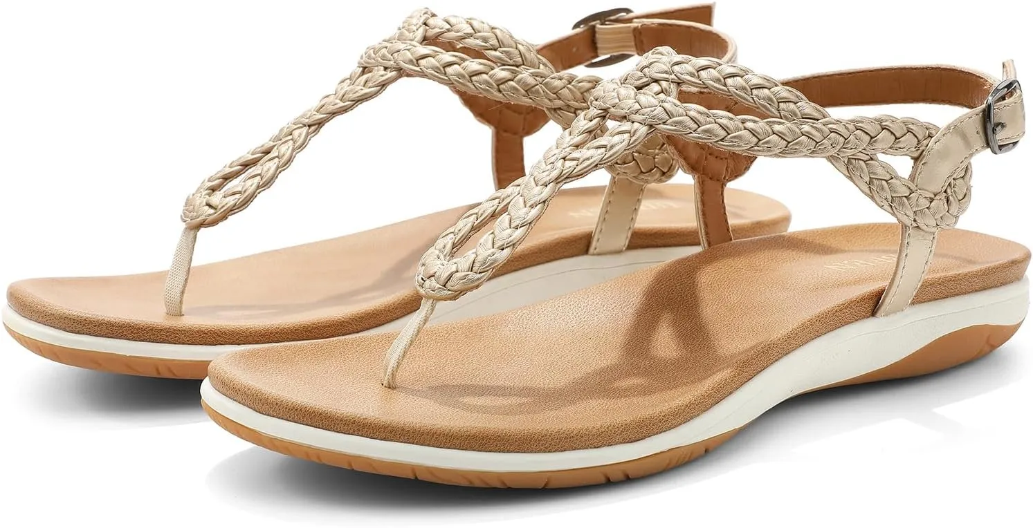 identification damp conduct Thong Sandals with Arch Support Comfortable for Walking UBFEN Womens Flat Sandals Dress Braided T-Strap 