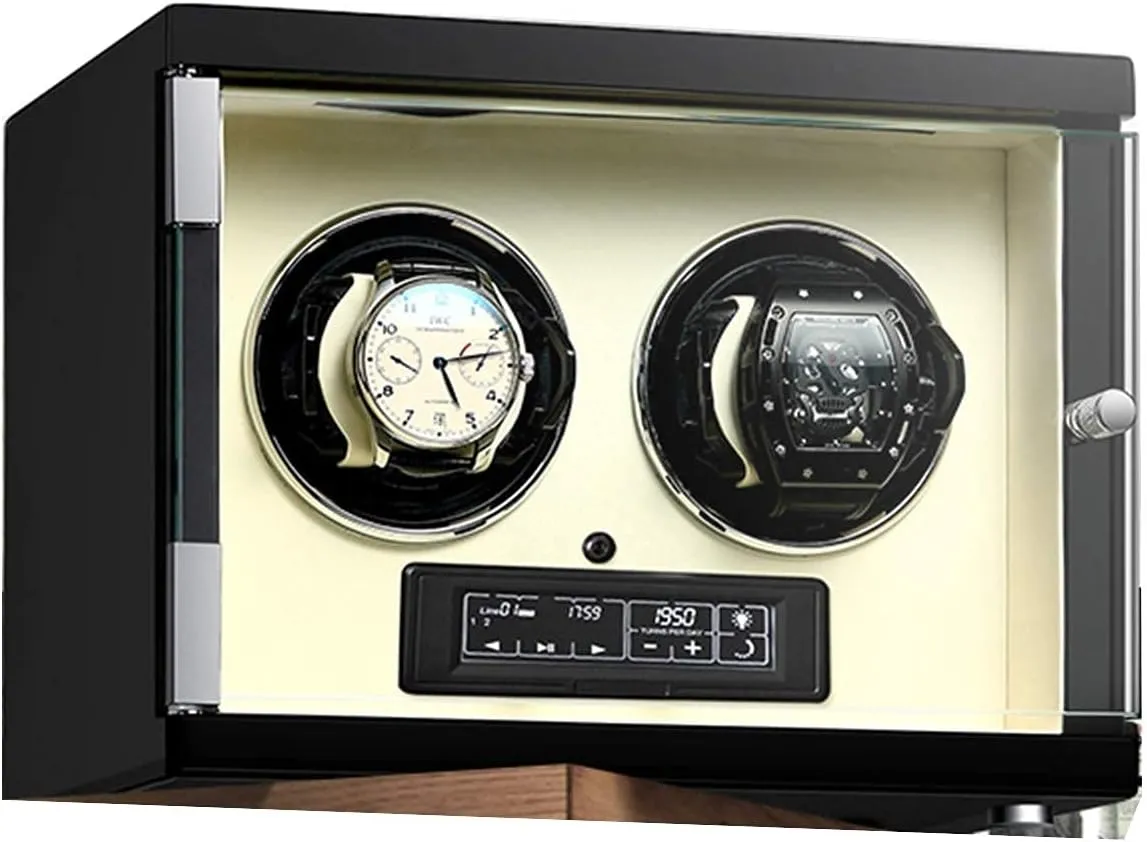Illumination 5 Rotation Modes Wood Shell Piano Paint Exterior Adjustable Watch Pillows with Soft Flexible Watch Pillows Watch Winder for 2 Automatic Watches with Remote swirl revive cane Control LED 