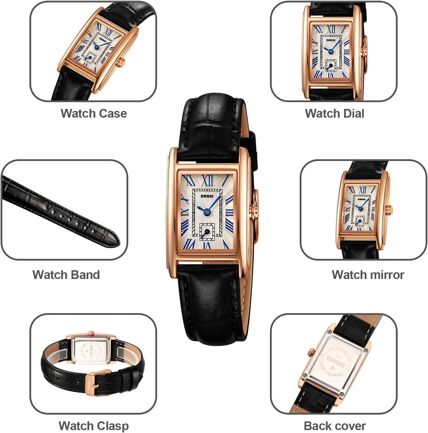 imbibe with Leather Strap and Blue Crystal Crown carlien Women Quartz Watch Lady Stylish Rectangle Dress Watch 