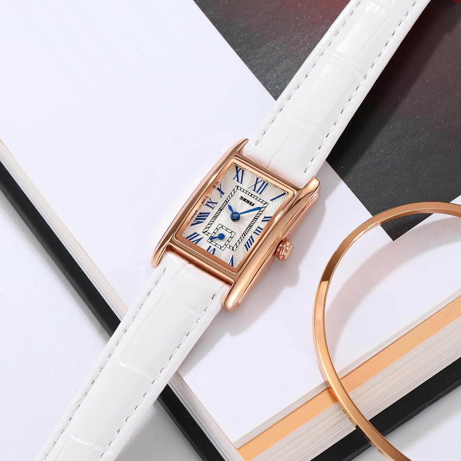 imbibe with Leather Strap and Blue Crystal Crown carlien Women Quartz Watch Lady Stylish Rectangle Dress Watch 