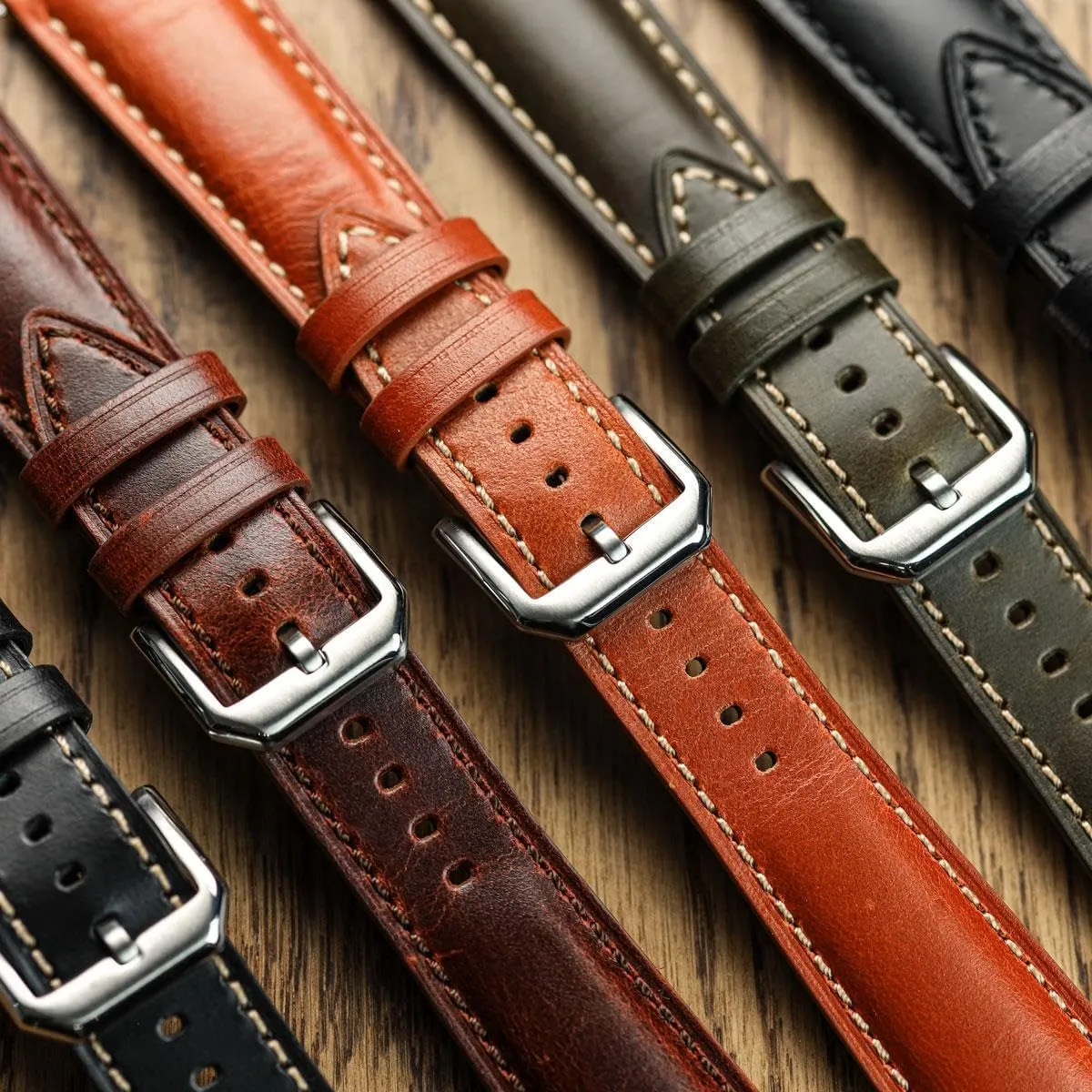 In black, brown, burgundy and green. Sizes include 20mm and 22mm Tenby boulevard Classic Leather Watch Strap, made from waxed-oiled full grain calf hide leather, with quick-release spring bars. 
