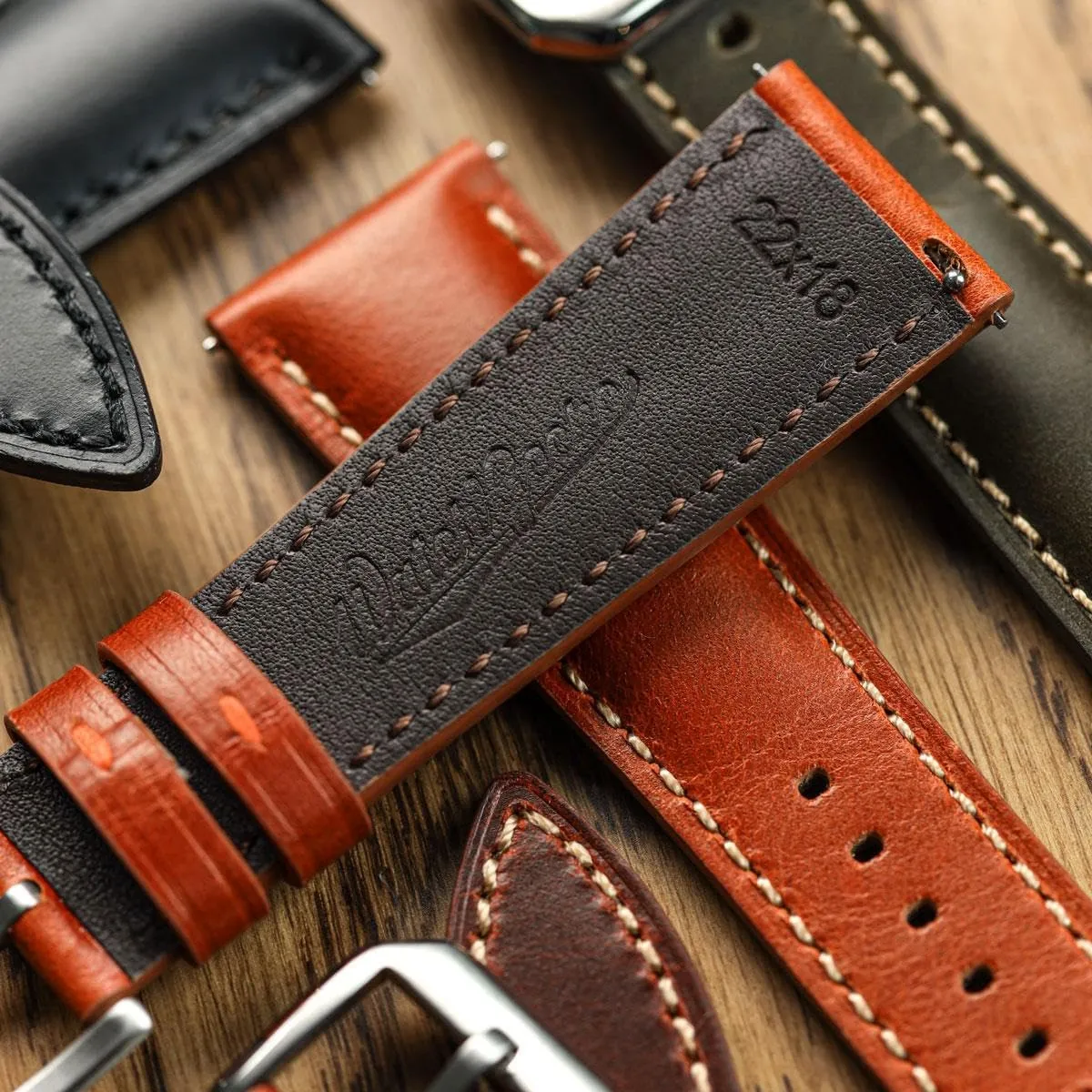 In black, brown, burgundy and green. Sizes include 20mm and 22mm Tenby boulevard Classic Leather Watch Strap, made from waxed-oiled full grain calf hide leather, with quick-release spring bars. 