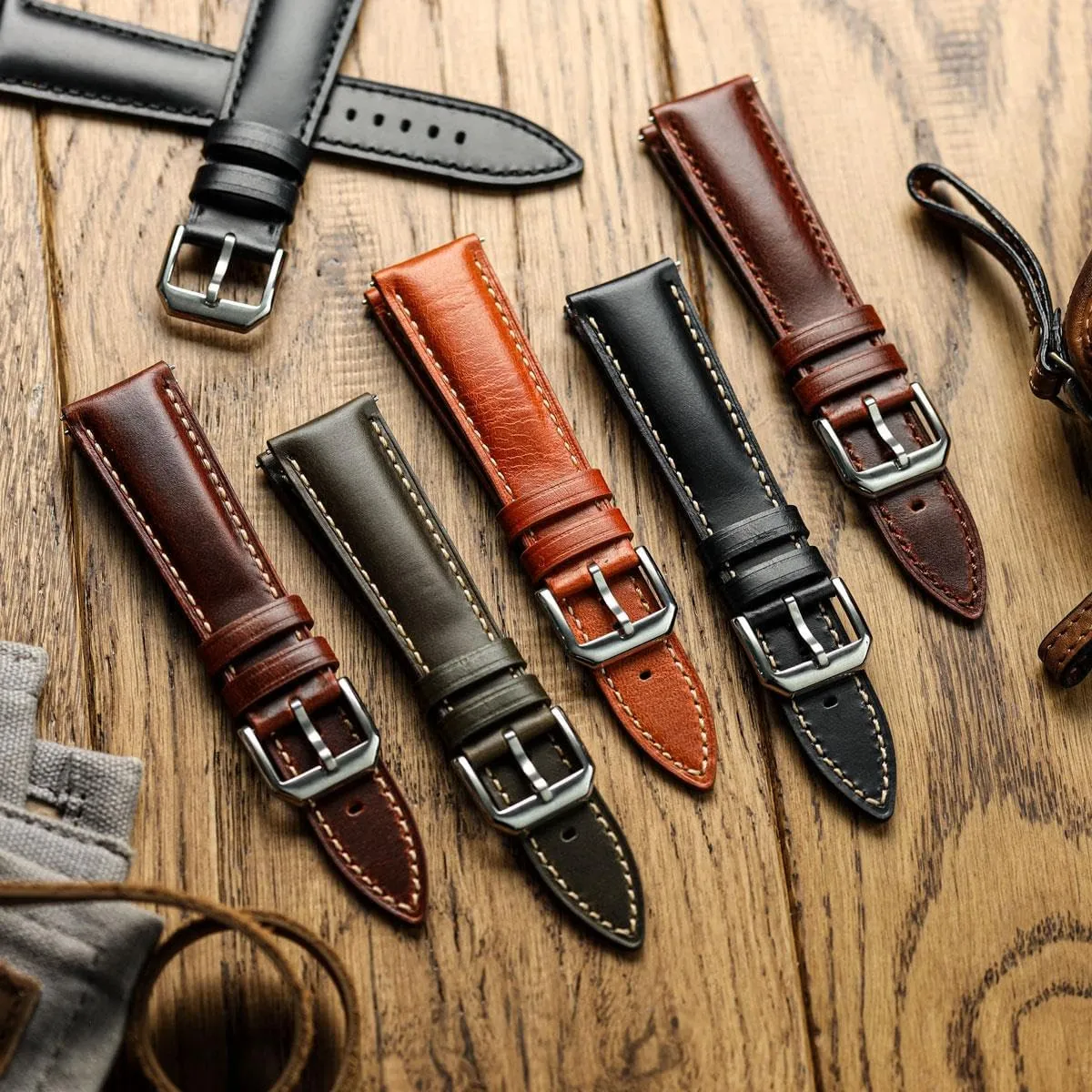 In black, brown, burgundy and green. Sizes include 20mm and 22mm Tenby boulevard Classic Leather Watch Strap, made from waxed-oiled full grain calf hide leather, with quick-release spring bars. 