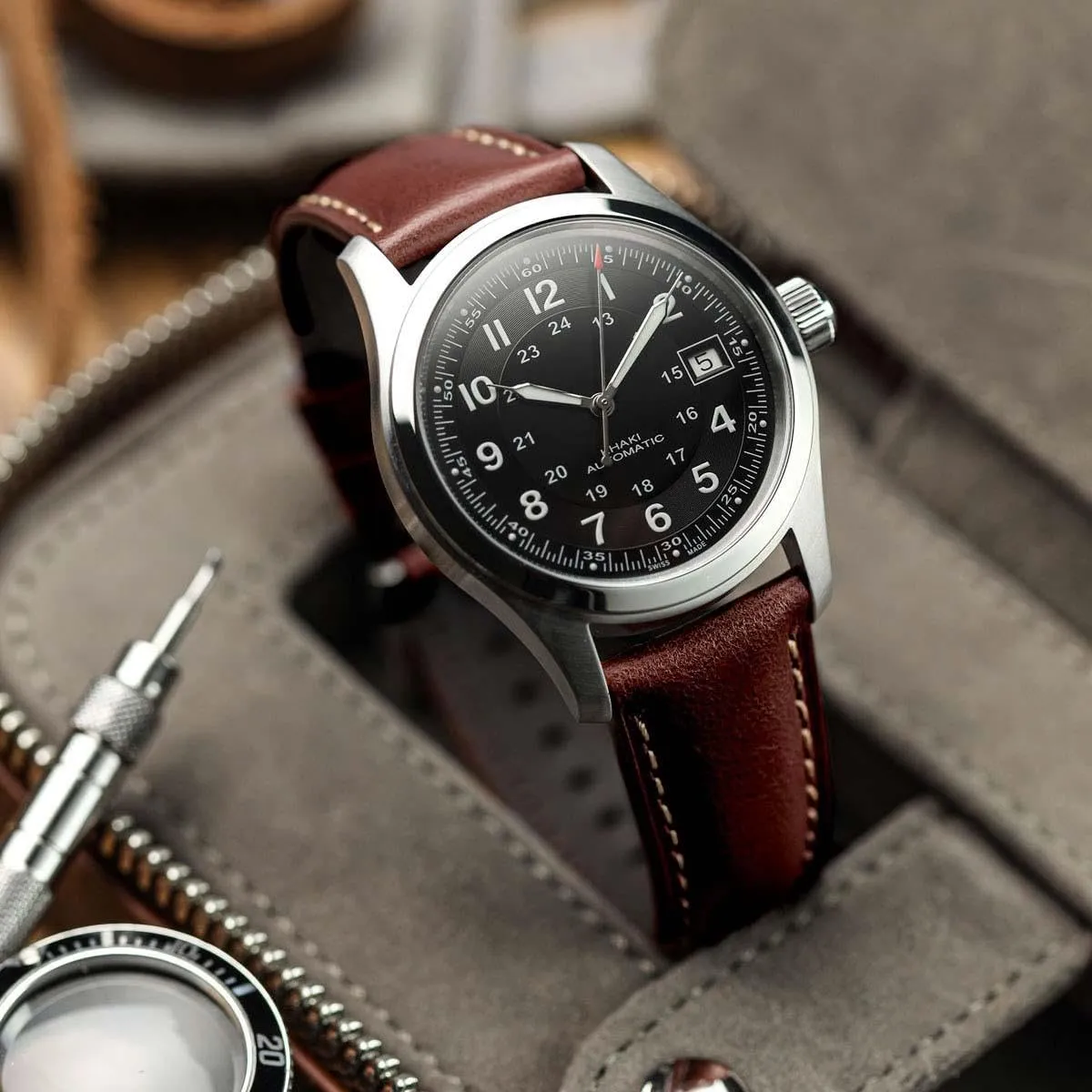 In black, brown, burgundy and green. Sizes include 20mm and 22mm Tenby boulevard Classic Leather Watch Strap, made from waxed-oiled full grain calf hide leather, with quick-release spring bars. 