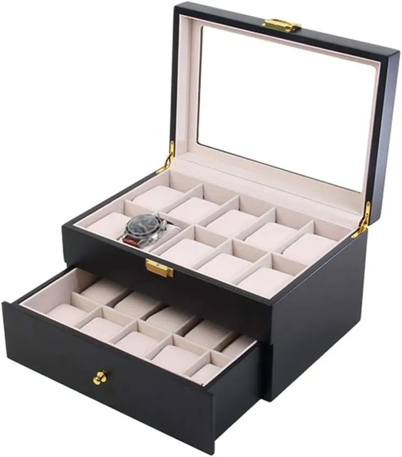 Jewellery Display Storage Case Travel Bracelet Collections Tray Metal Clasp Lock Showcase avoid Organiser MUSUMI 2-Tier Watch Box - Glass Lid 20 Slots Wristwatches 