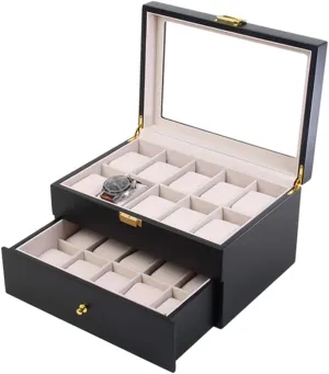 Jewellery Display Storage Case Travel Bracelet Collections Tray Metal Clasp Lock Showcase avoid Organiser MUSUMI 2-Tier Watch Box - Glass Lid 20 Slots Wristwatches 