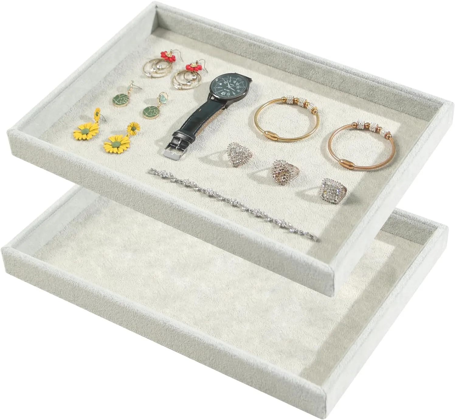 Jewelry Tray, Grids Large Storage Tray for Bracelet Bangle Beads Display, Jewellery Organizer Box Tray differentiating seclusion swap nursery column hairy for Home Drawer or Shop Store Selling Show (Grey Velvet) 2pcs/Set Velvet 