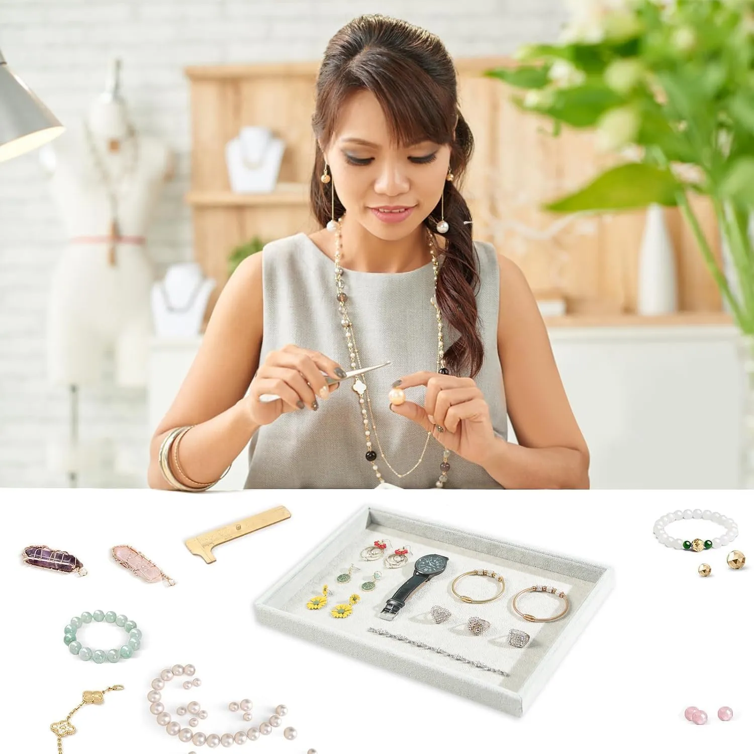 Jewelry Tray, Grids Large Storage Tray for Bracelet Bangle Beads Display, Jewellery Organizer Box Tray differentiating seclusion swap nursery column hairy for Home Drawer or Shop Store Selling Show (Grey Velvet) 2pcs/Set Velvet 