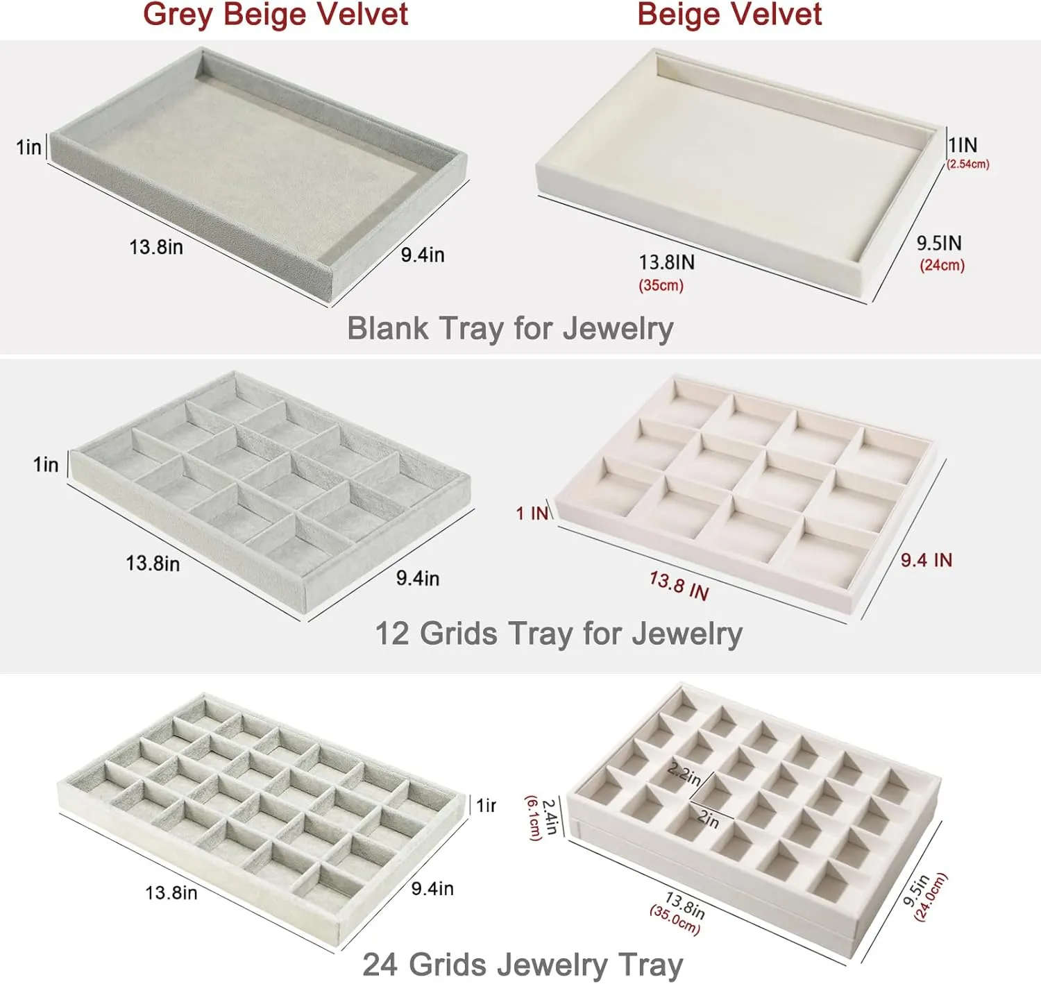 Jewelry Tray, Grids Large Storage Tray for Bracelet Bangle Beads Display, Jewellery Organizer Box Tray differentiating seclusion swap nursery column hairy for Home Drawer or Shop Store Selling Show (Grey Velvet) 2pcs/Set Velvet 