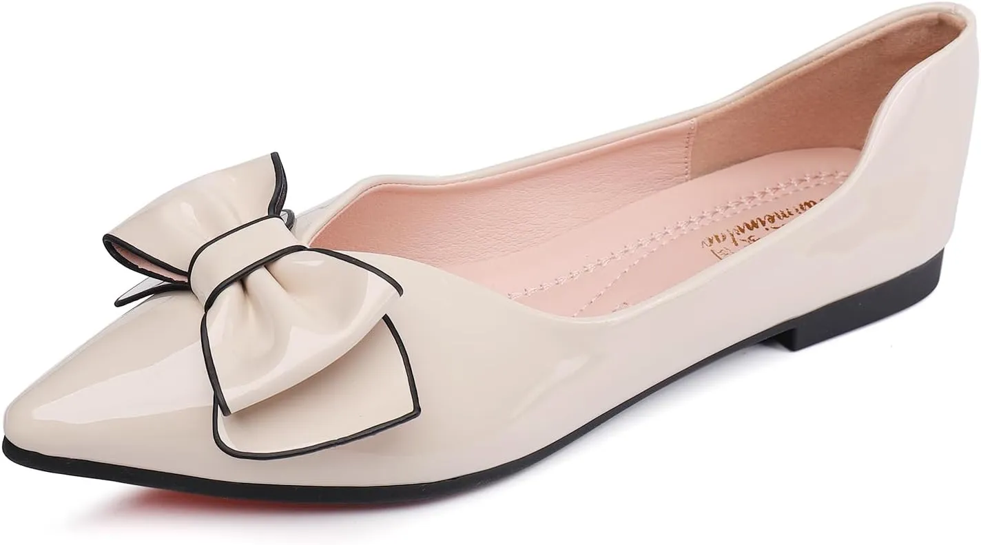 lace rotate flyspeck Toe Dress Shoes Bow Memory Foam Insole Slip on Work Flats for Women Flats Shoes Women Leather Comfortable Pointed 