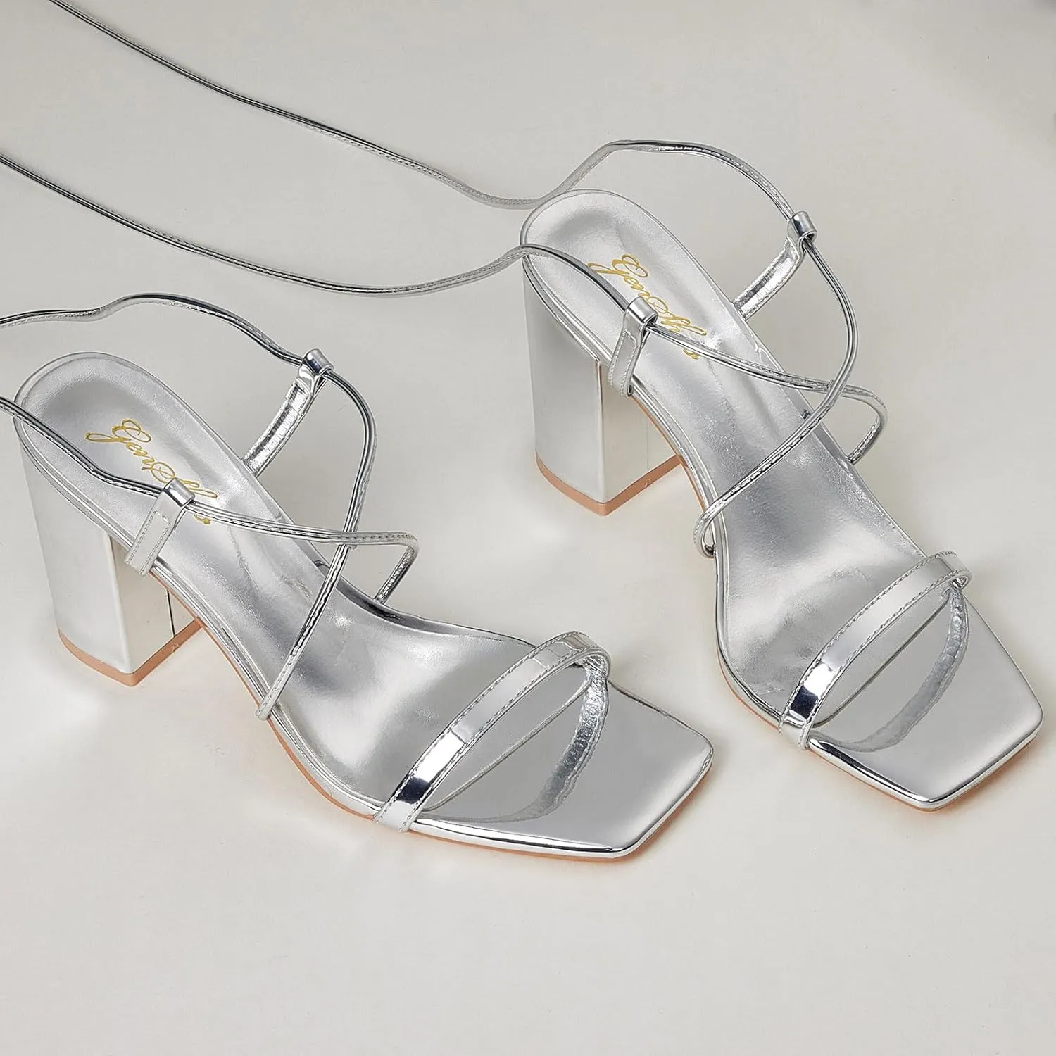 Lace up Chunky High Heels Strappy taste Sandals Block Heeled Ankle Wrap Homecoming Wedding Dress Shoes Gold Size 9.5 GENSHUO Square Toe Sandals Women 