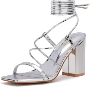 Lace up Chunky High Heels Strappy taste Sandals Block Heeled Ankle Wrap Homecoming Wedding Dress Shoes Gold Size 9.5 GENSHUO Square Toe Sandals Women 
