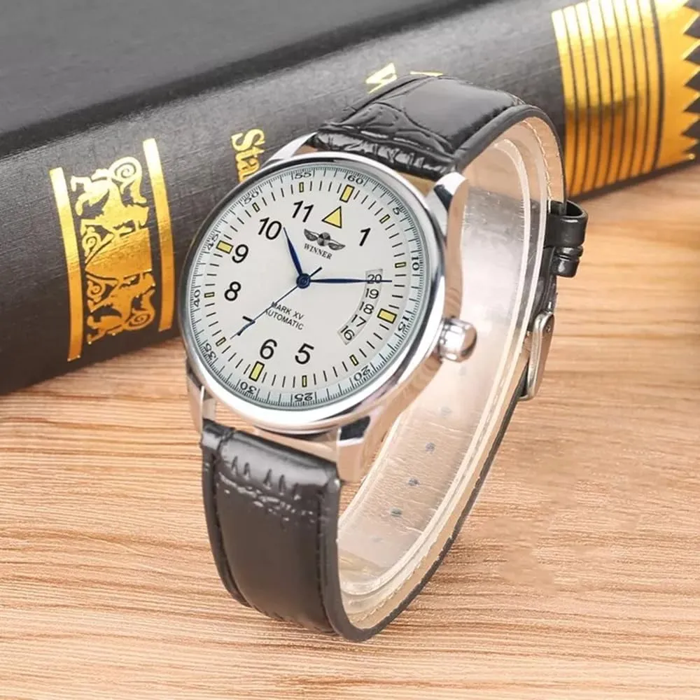 Leather Automatic Self Winding Watch MASTOP Fashion volatile Men's Sport Day Date Black 
