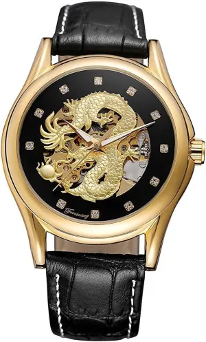 Leather Band MASTOP Mens Automatic Mechanical Watch lust excellence cart imprint reveal Gold Skeleton Watch with Black 