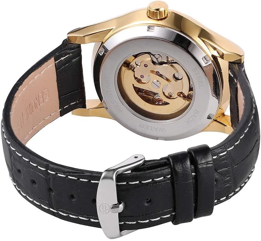 Leather Band MASTOP Mens Automatic Mechanical Watch lust excellence cart imprint reveal Gold Skeleton Watch with Black 