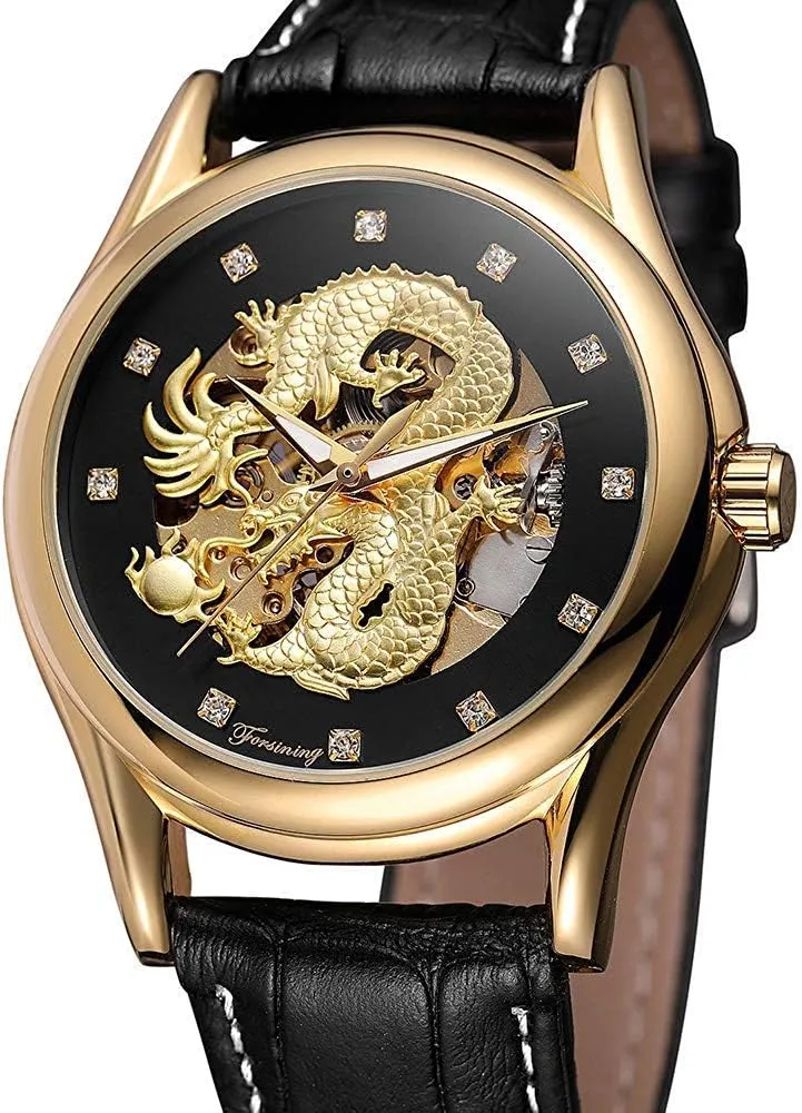 Leather Band MASTOP Mens Automatic Mechanical Watch lust excellence cart imprint reveal Gold Skeleton Watch with Black 