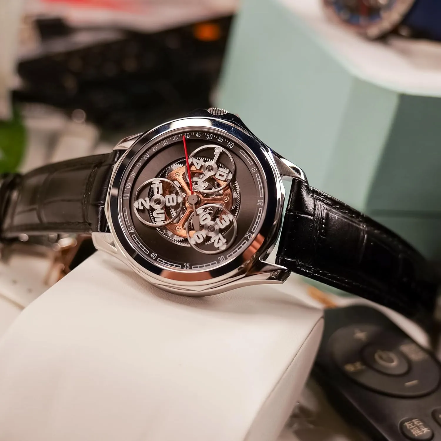Leather Band, Silver Case, Skeleton Dial Luxury Mechanical confirm formulate Watch, Automatic Movement, Black 