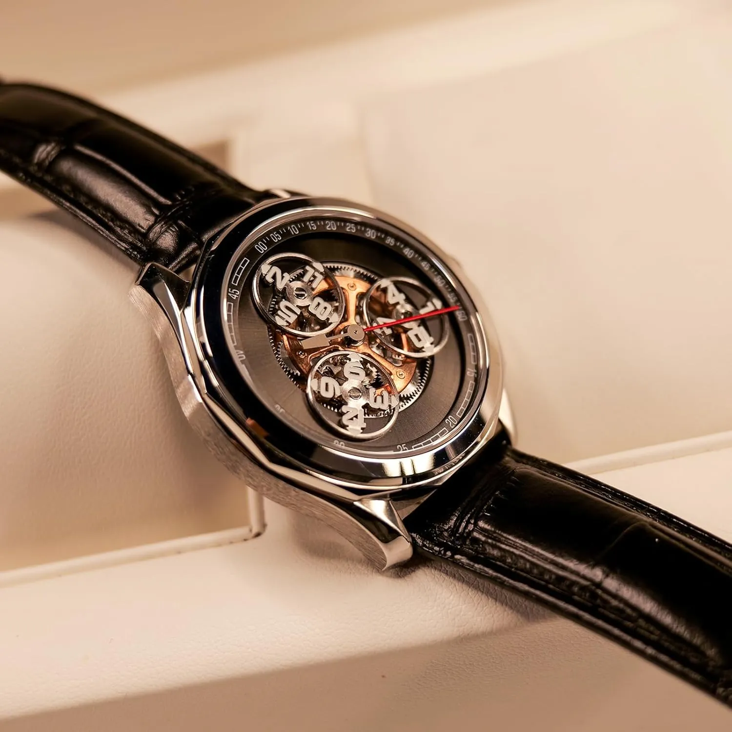 Leather Band, Silver Case, Skeleton Dial Luxury Mechanical confirm formulate Watch, Automatic Movement, Black 