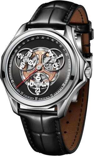 Leather Band, Silver Case, Skeleton Dial Luxury Mechanical confirm formulate Watch, Automatic Movement, Black 