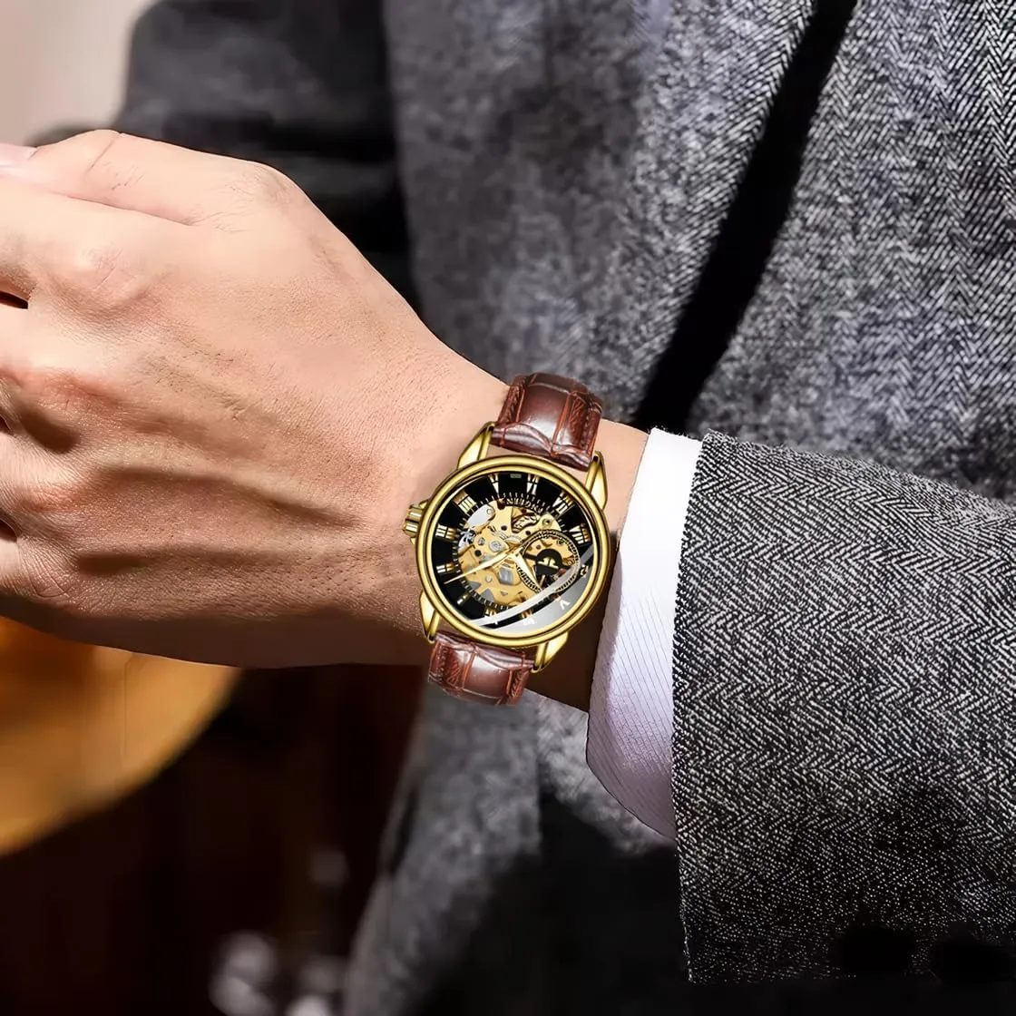 Leather hominid weldon Clock Fashion Mechanical Men Wristwatches Automatic Skeleton Watch Golden Mens Watches Luxury 