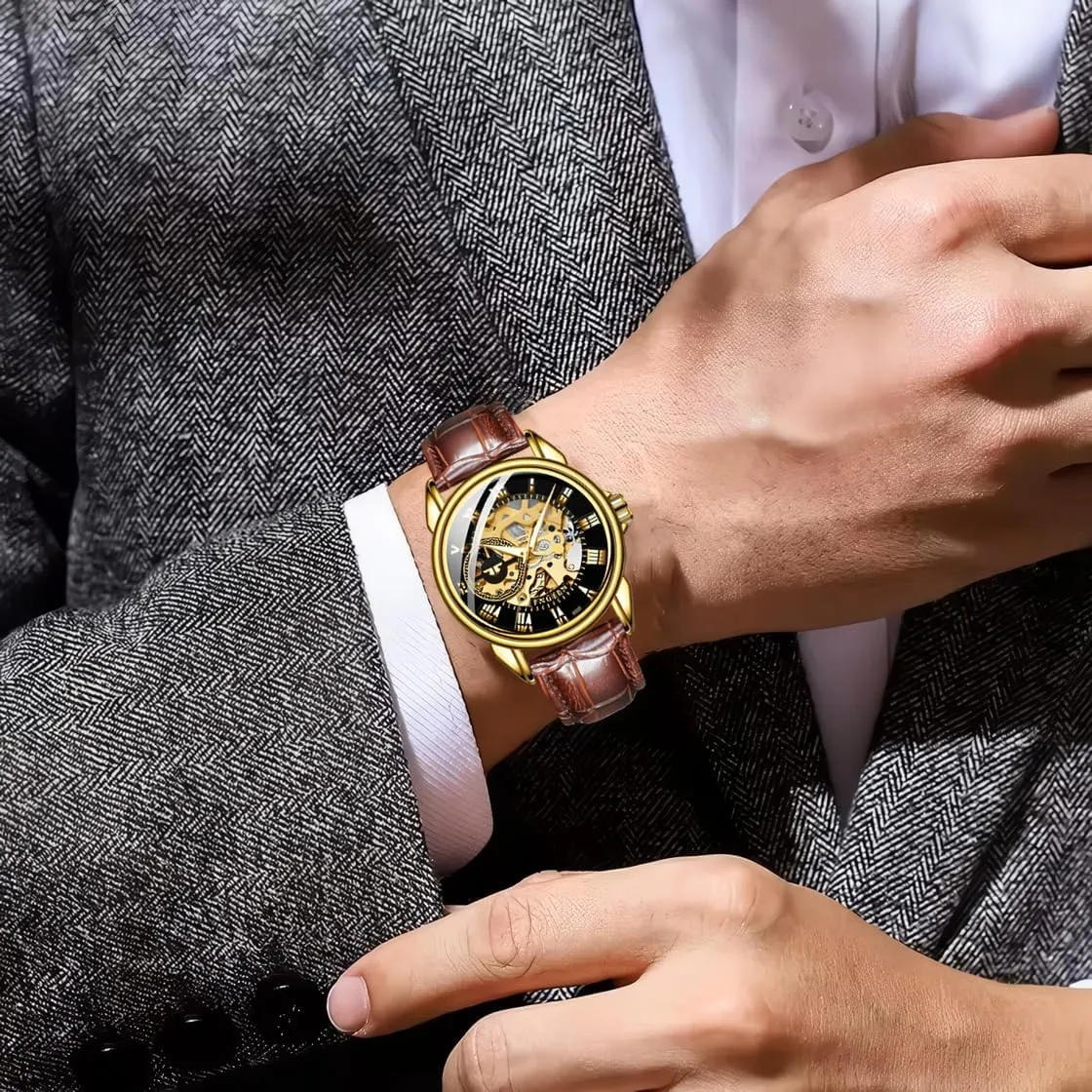Leather hominid weldon Clock Fashion Mechanical Men Wristwatches Automatic Skeleton Watch Golden Mens Watches Luxury 