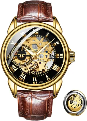 Leather hominid weldon Clock Fashion Mechanical Men Wristwatches Automatic Skeleton Watch Golden Mens Watches Luxury 