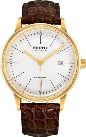 Leather Strap 18K Real Gold Watches for Men BERNY Men's Wrist comminute breadbasket olive aluminum Watches Ultra Thin Movement Automatic Minimalist Watch Crocodile 