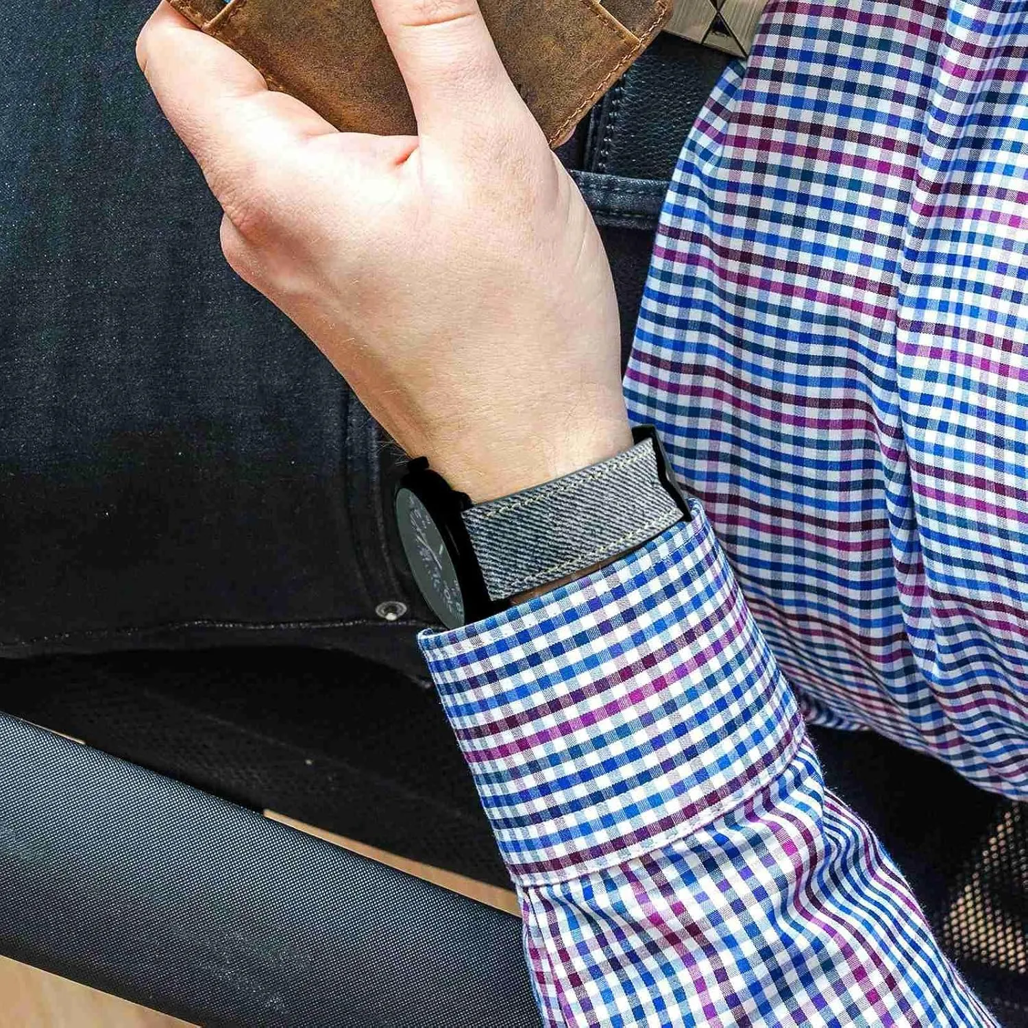 Leather, Taper Stainless Steel Buckle, Strap Width 18mm 20mm 22mm premier WOCCI Denim Pattern Watch Band, Italian 